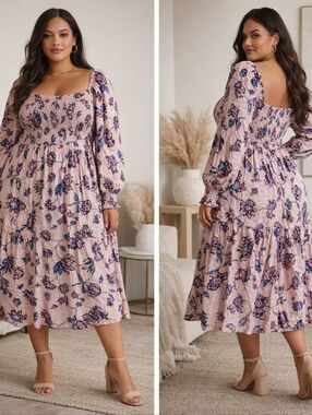 Eloquii Elements Floral Smocked Midi Dress 22/24W Pink Boho Long Sleeve Plus Siz